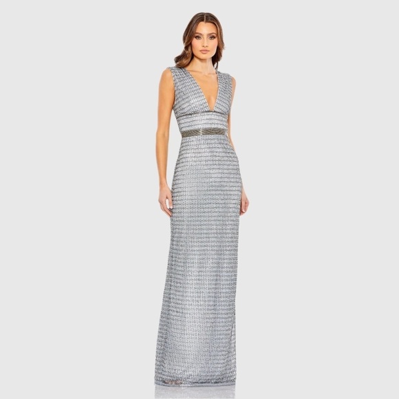 MAC DUGGAL 5625 NWT Silver Beaded Cap Sleeve V Neck Column Gown - Picture 1 of 5